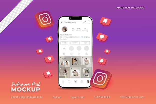 PSD post di instagram sul mockup di smartphone con icone 3d