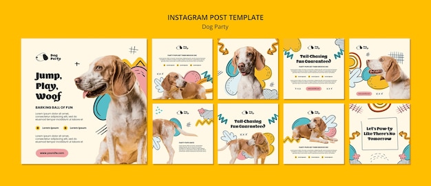 PSD instagram-posts voor hondenfeestjes in plat ontwerp