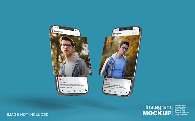 Instagram-postsjabloon op mockup voor mobiele telefoons