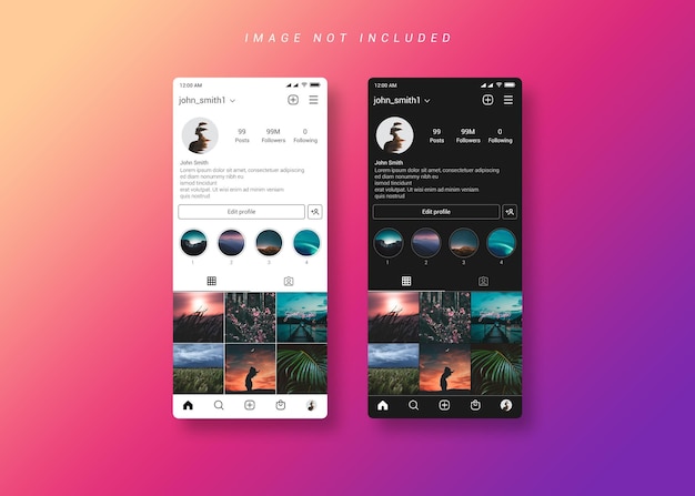 PSD instagram profile mockup light and dark theme