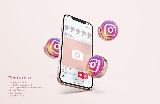 PSD instagram on rose gold mobile phone mockup