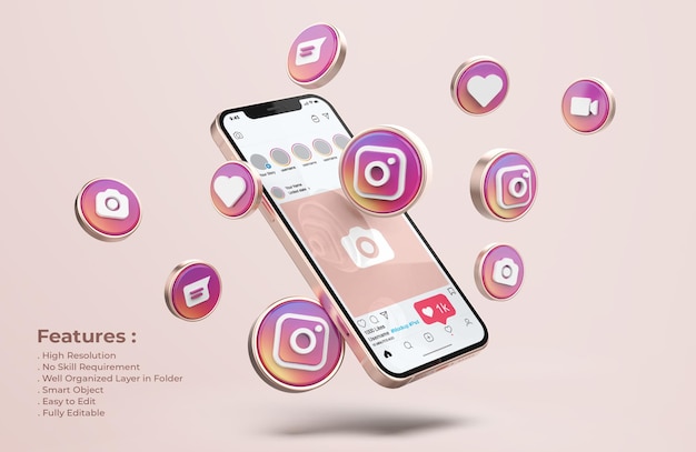 Instagram на макете мобильного телефона из розового золота
