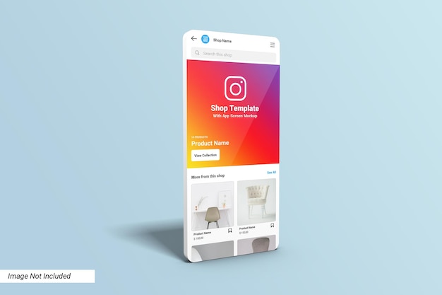 PSD modello di interfaccia utente del negozio instagram sul mockup della schermata dell'app