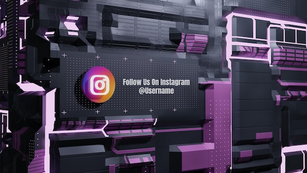 PSD i social media di instagram ci seguono con il futuro sfondo del muro della tecnologia al neon 3d