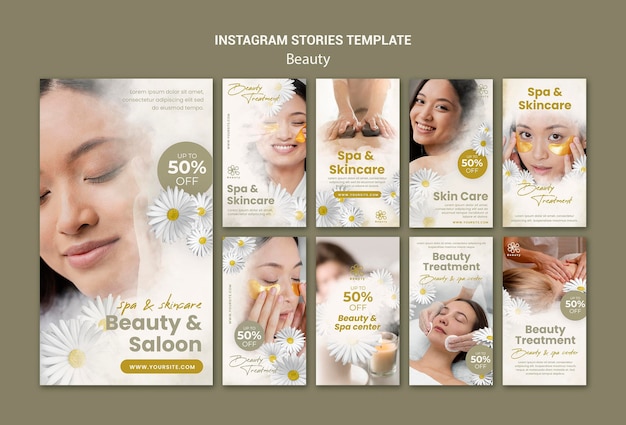 PSD instagram stories for beauty and spa with woman and chamomile flowers