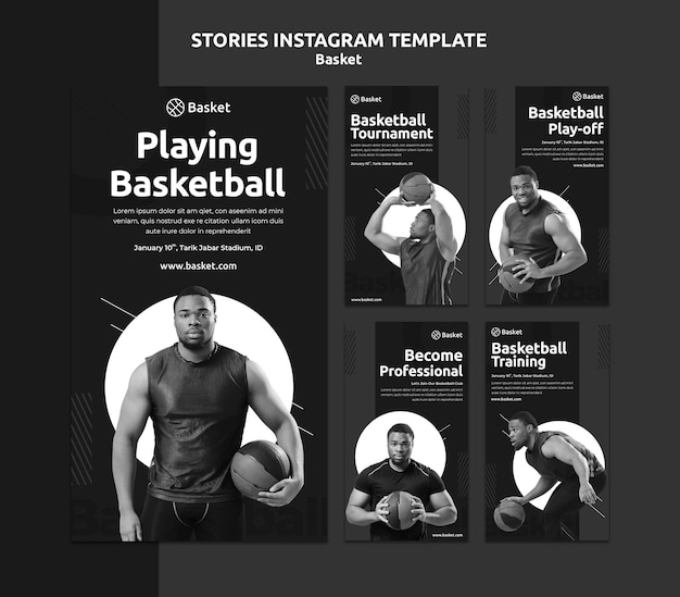 PSD raccolta di storie di instagram in bianco e nero con atleta di basket maschile