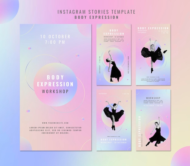 PSD raccolta di storie instagram per workshop sull'espressione corporea