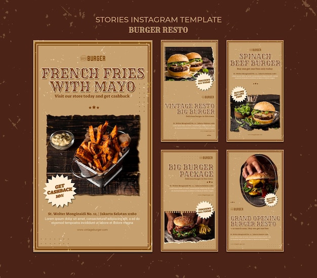 PSD raccolta di storie di instagram per ristorante di hamburger