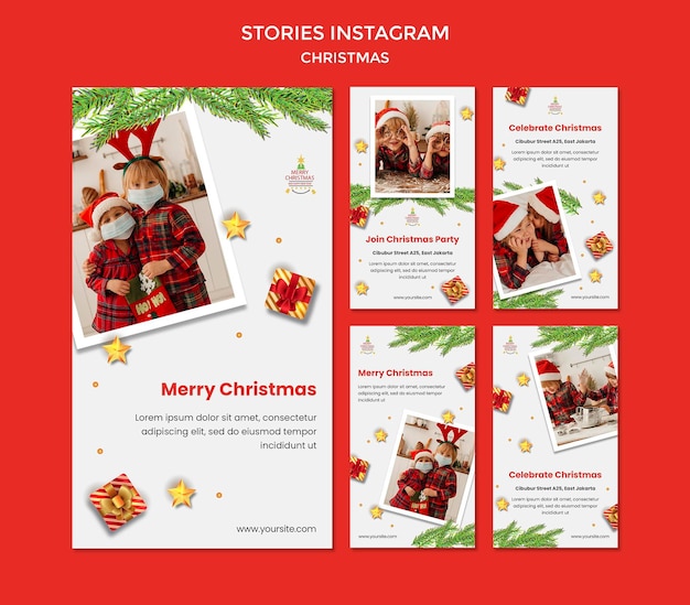 PSD raccolta di storie di instagram per la festa di natale con bambini in cappelli di babbo natale