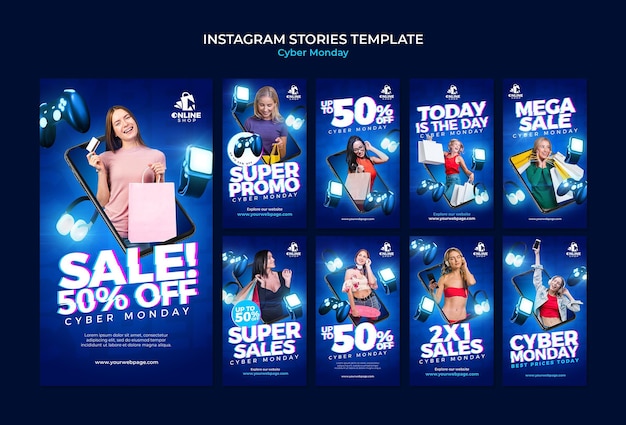 PSD instagram stories collection for cyber monday with woman and items