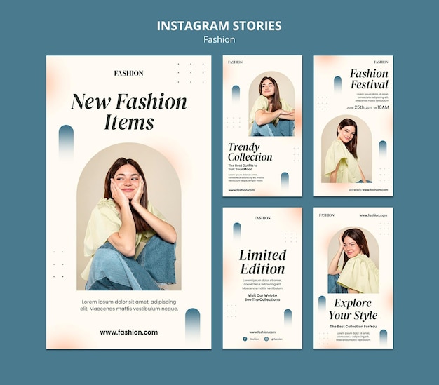 PSD raccolta di storie di instagram per lo stile di moda e abbigliamento con la donna