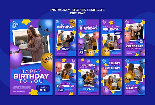 PSD Сборник историй из инстаграма на день рождения с забавными воздушными шарами