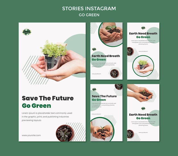 PSD raccolta di storie di instagram per diventare verdi ed eco-compatibili