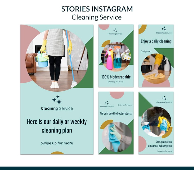 PSD raccolta di storie instagram per un'impresa di pulizie domestiche