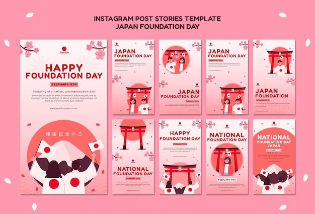 PSD raccolta di storie di instagram per il japan foundation day con i fiori