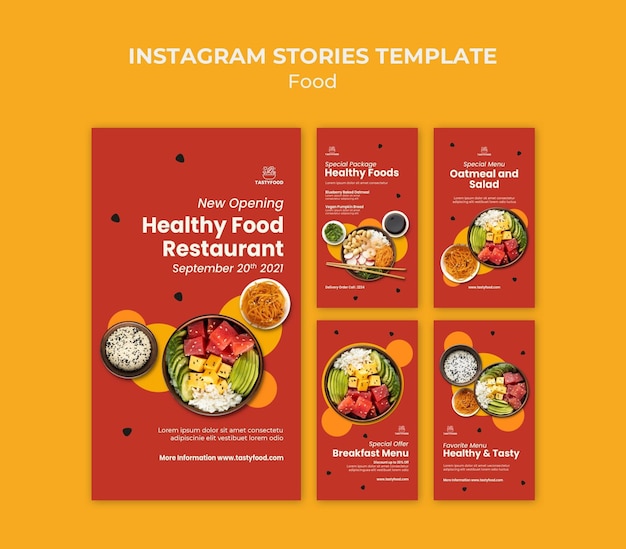 Raccolta di storie di instagram per ristorante con ciotola di cibo sano