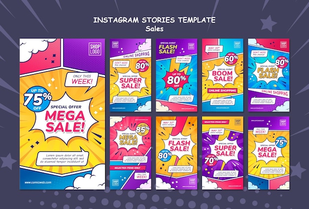 Instagram stories collection for sales in comic style