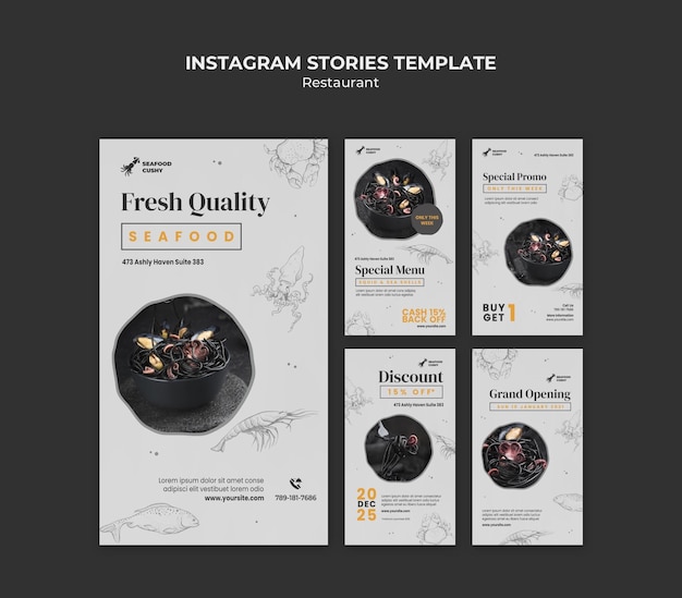 instagram stories collection for seafood restaurant with mussels and noodles