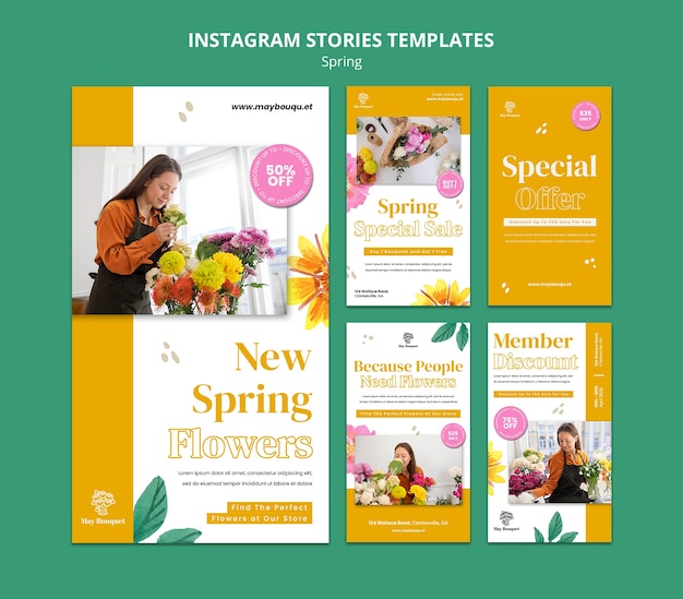 PSD raccolta di storie su instagram per la primavera con i fiori