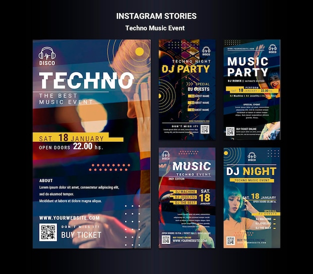 Raccolta di storie di instagram per feste notturne di musica techno