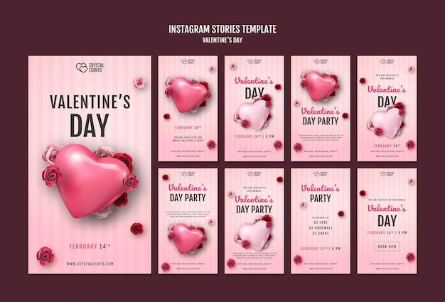 PSD raccolta di storie instagram per san valentino con cuore e rose rosse