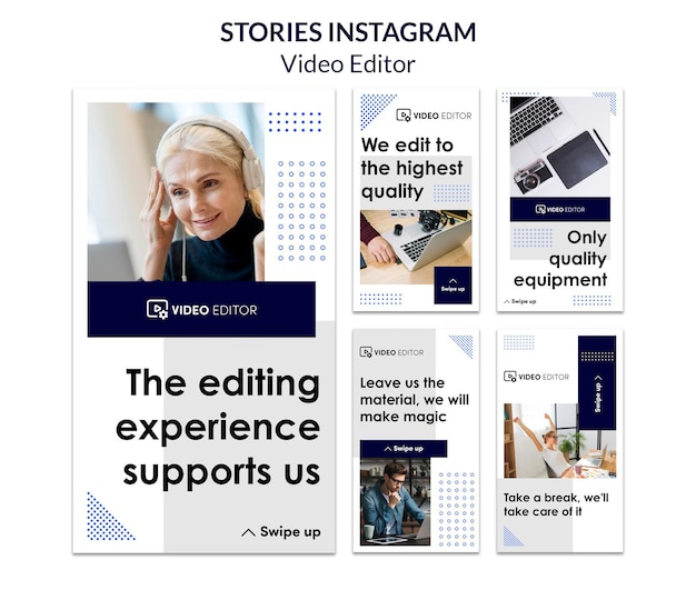 PSD raccolta di storie di instagram per workshop di editing video