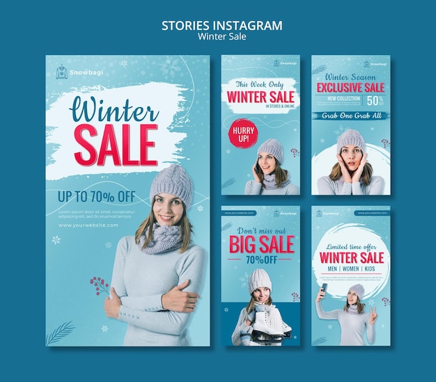 Instagram stories collection for winter sale with woman and snowflakes