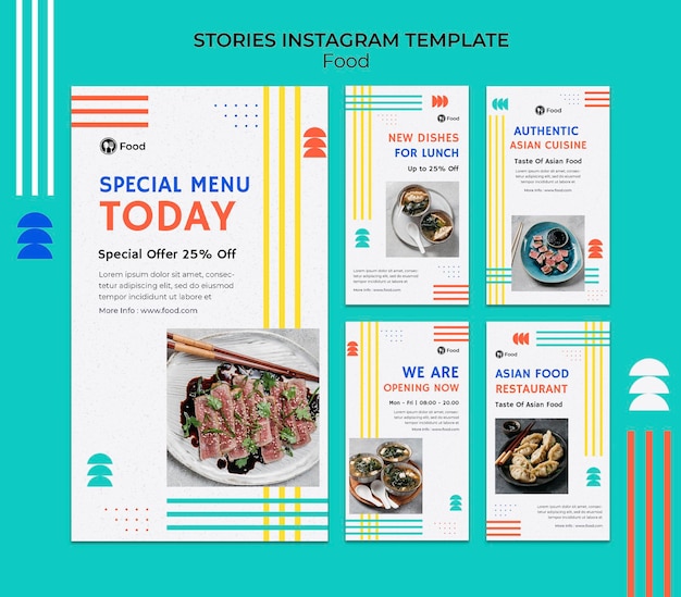 PSD instagram stories collection with dishes from asian cuisine