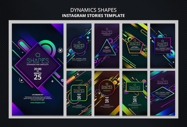 ダイナミックな幾何学的なネオンの形をしたInstagramストーリーコレクション
