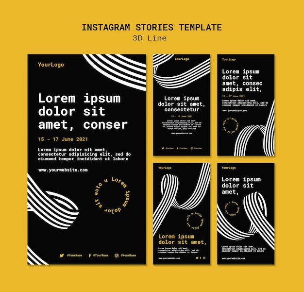 PSD raccolta di storie instagram con linee tridimensionali