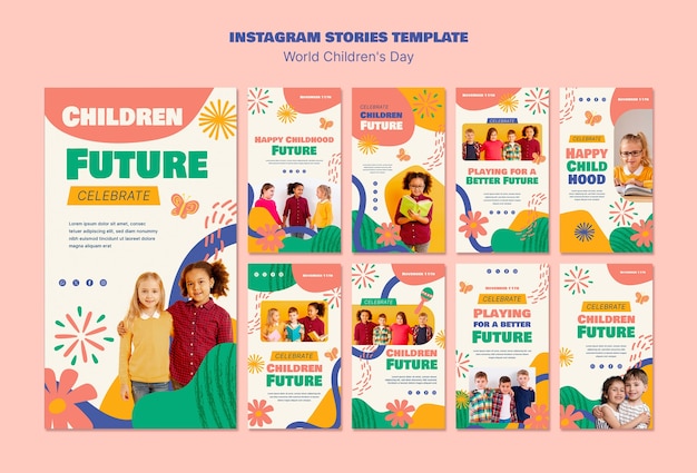 PSD raccolta di storie di instagram per la celebrazione della giornata mondiale dei bambini