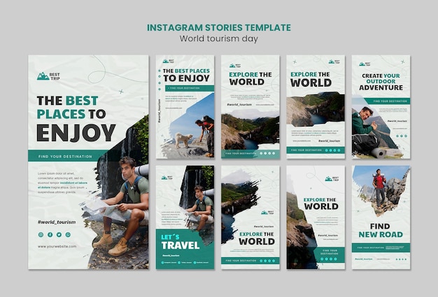 PSD raccolta di storie di instagram per la giornata mondiale del turismo