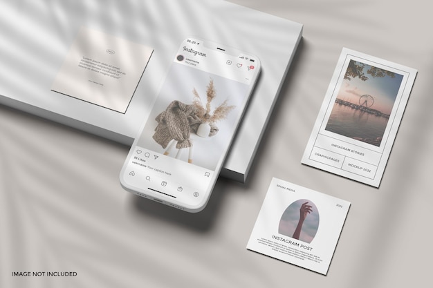 PSD instagram stories and post with smartphone mockup