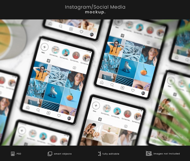 Mockup di tablet instagram su tavolo di marmo