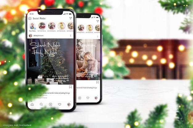 Instagram-telefoonmodel op kerstachtergrond met kerstboom en versieringen