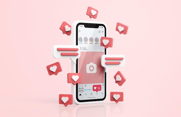 Instagram на белом макете мобильного телефона с 3d-иконами