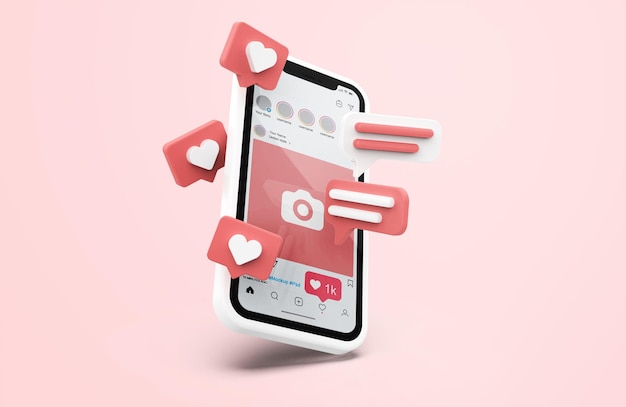 Instagram на белом макете мобильного телефона с 3d-иконами