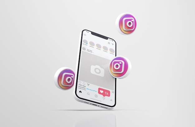 3dアイコンと白い携帯電話のモックアップのInstagram