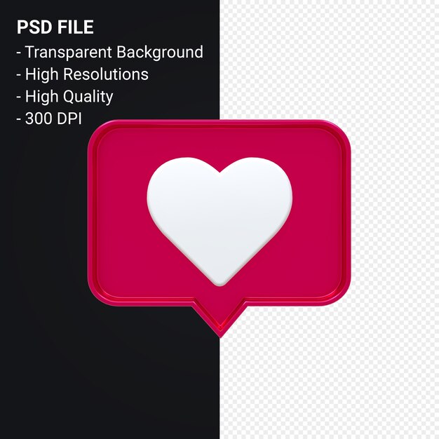 PSD instagram zoals 3d-pictogram of facebook houden van emoji-meldingen 3d-weergave geïsoleerd