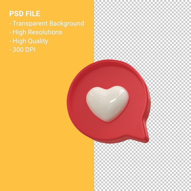 Instagram zoals 3d-pictogram of facebook love emoji-meldingen 3d-rendering geïsoleerd