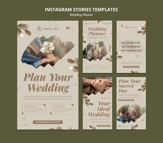 PSD instagramowa kolekcja opowiadań ślubnych z akwarelowymi liśćmi