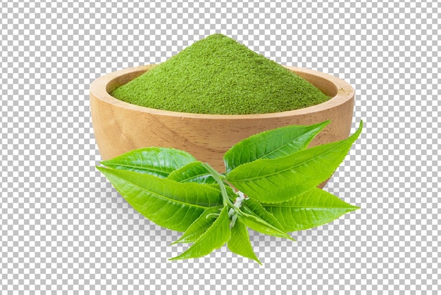 Instant matcha green tea in wood bowl on alpha layer