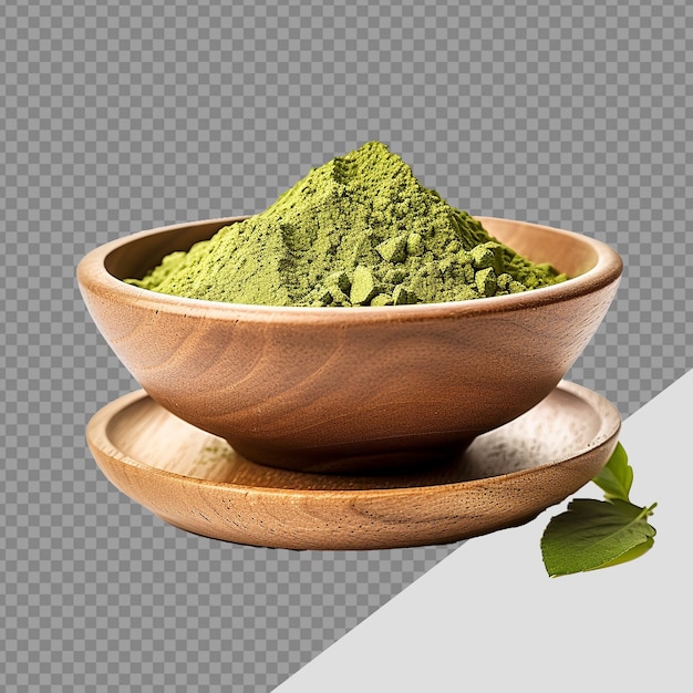 PSD instant matcha green tea in wood bowl png isolated on transparent background