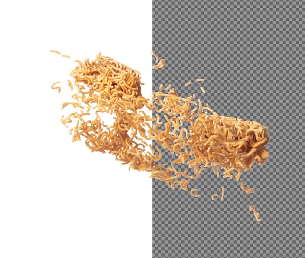 Instant Noodle fly explosie gele instant noodle drijft exploderen abstracte wolk vliegen gebogen gedroogde instant noedels spat gooien in lucht witte achtergrond geïsoleerde hoge snelheid sluiter bevriezen beweging