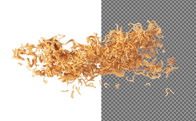 Instant Noodle fly explosie gele instant noodle drijft exploderen abstracte wolk vliegen gebogen gedroogde instant noedels spat gooien in lucht witte achtergrond geïsoleerde hoge snelheid sluiter bevriezen beweging