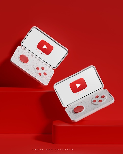 Inteligentne urządzenie z klapką Interfejs Youtube makieta czerwone tło renderowania 3d