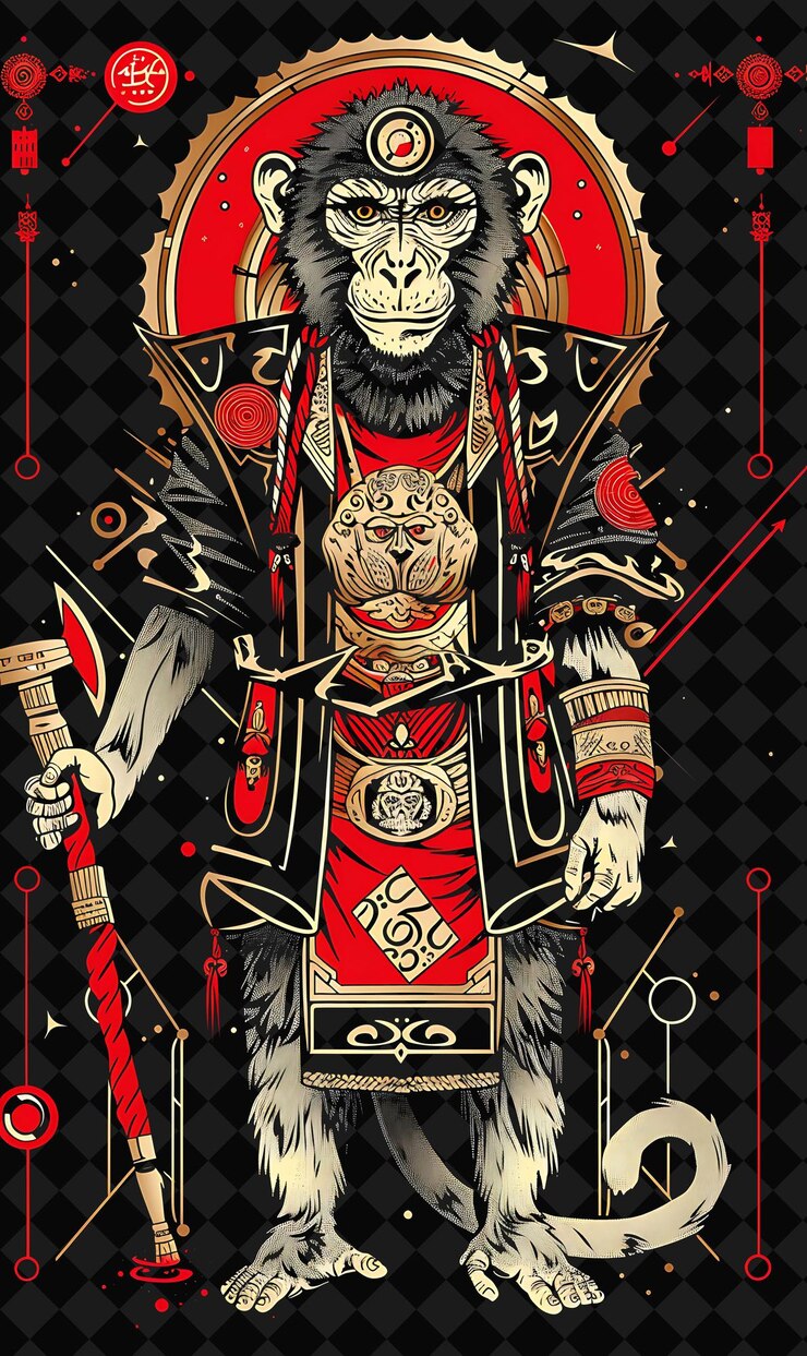 PSD intelligent asian macaque persian portrait wielding a war pi illustration animal warrior character