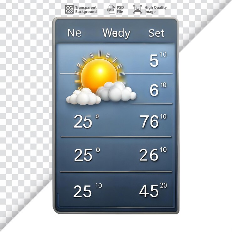 PSD interfejs aplikacji meteorologicznej pokazujący aktualne i przewidywane warunki