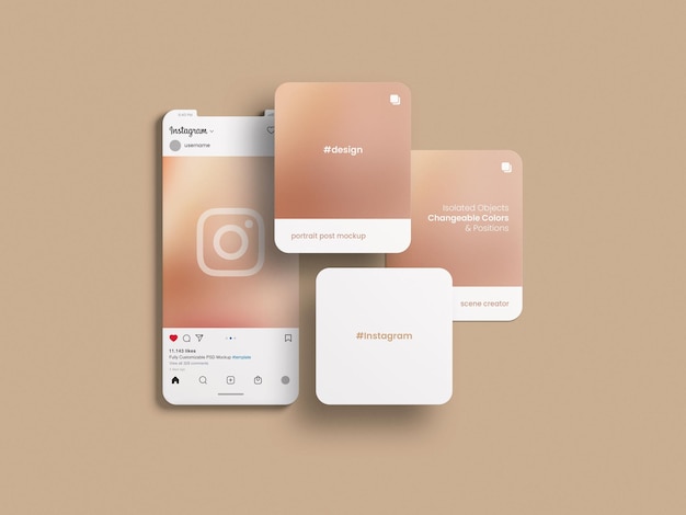 PSD interfejs instagrama i makieta postu na glinianym ekranie telefonu komórkowego