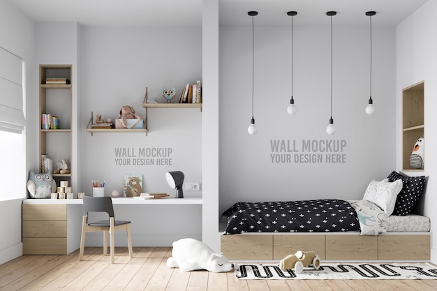 Interieur kinderen slaapkamer muur mockup